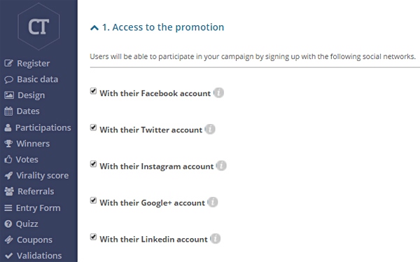 Choose the social networks through which users can access your competition