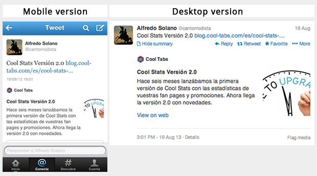Twitter Cards: Mobile version and Desktop version
