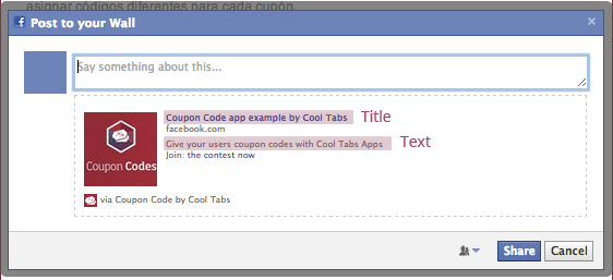 Title and text to display on users' walls when they share the competition