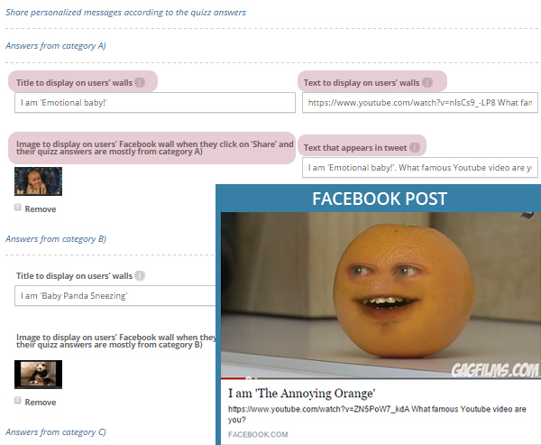Shared personalized messaged according to the quizz messages