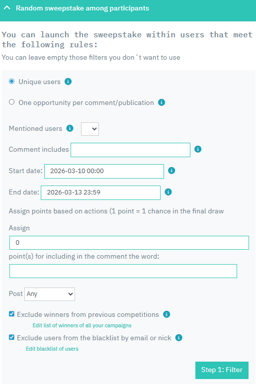 giveaway winner selection filter
