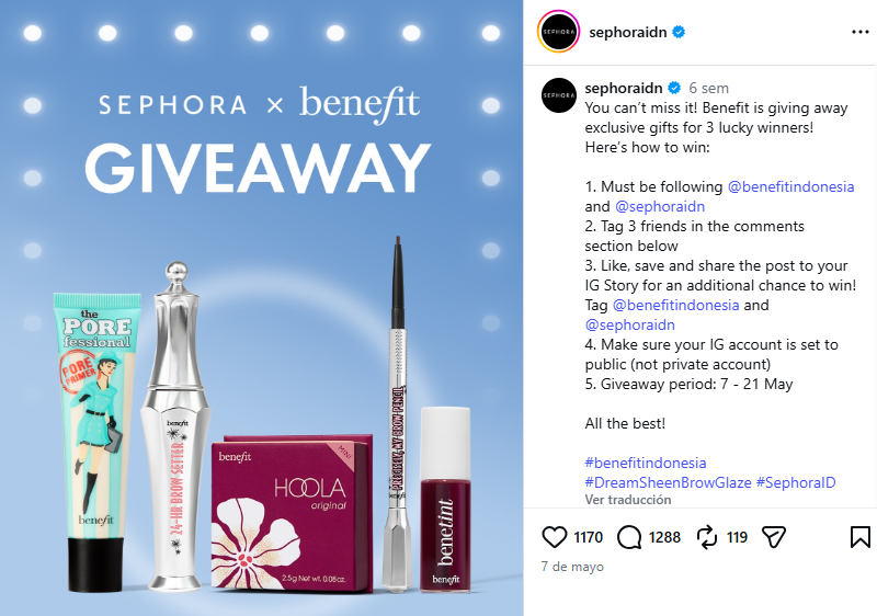 Instagram Stories giveaway example from Benefit Cosmetics