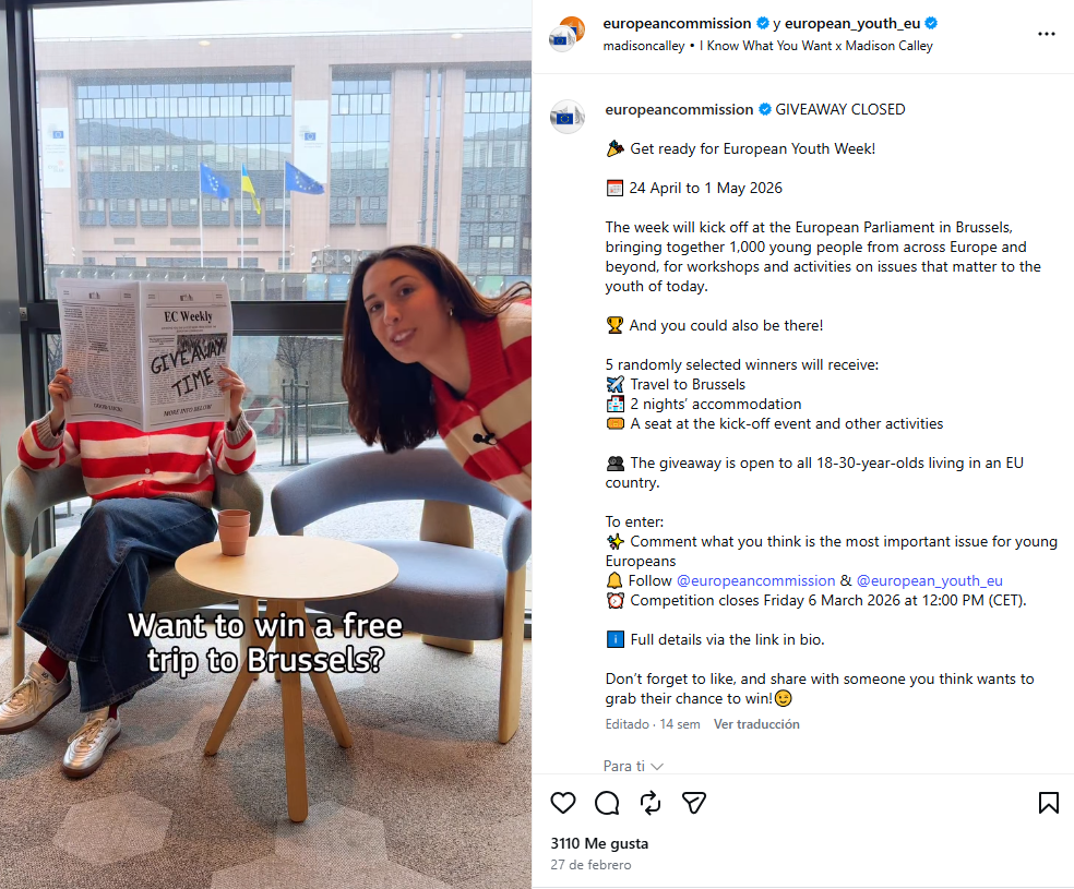 Example of an Instagram giveaway asking users to comment to enter