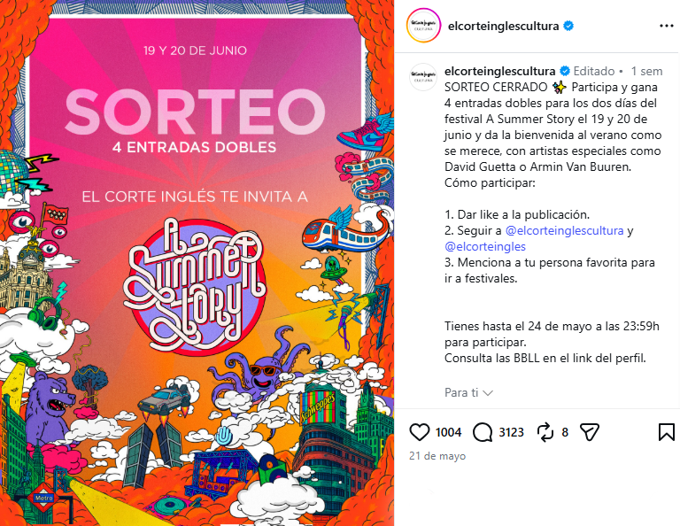 ejemplo de sorteo en instagram ejemplo de sorteo en Instagram de El Corte Inglés