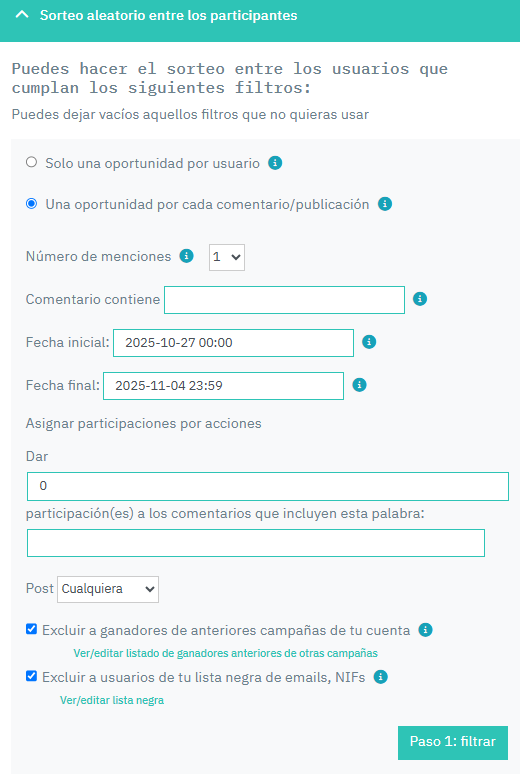 Selección de ganadores: filtros