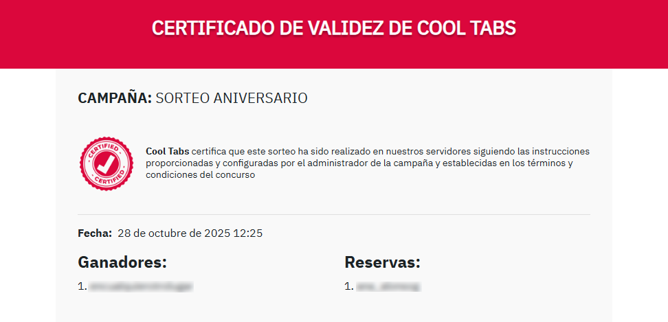 Certificado de validez sorteo