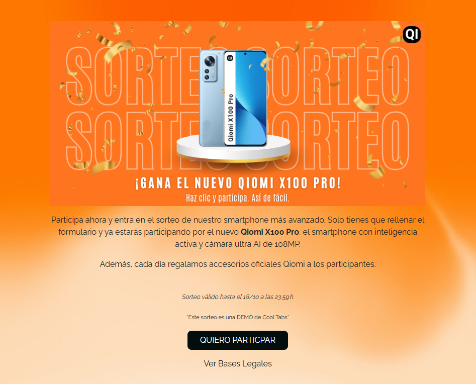 Ejemplo de landing page de sorteo con CTA destacado creada con Cool Tabs