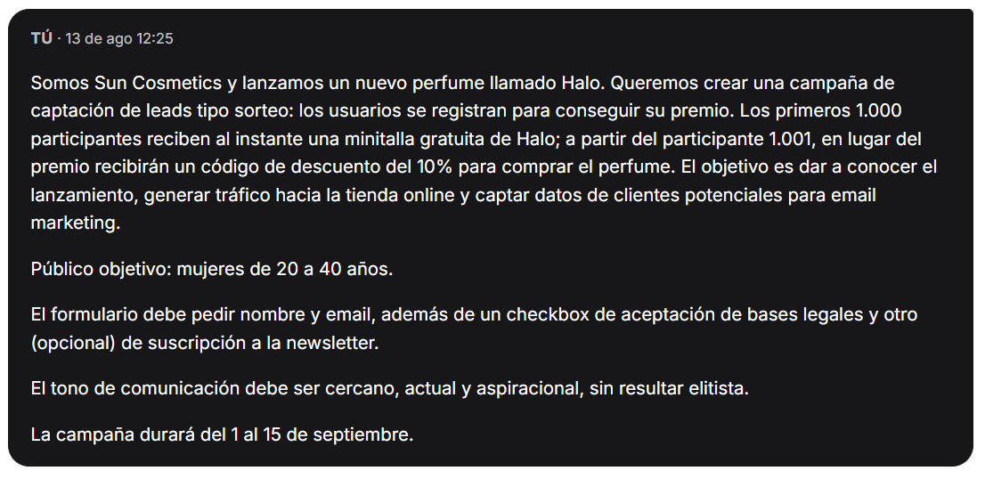 Prompt de ejemplo para configurar una campaña con IA en marketing interactivo